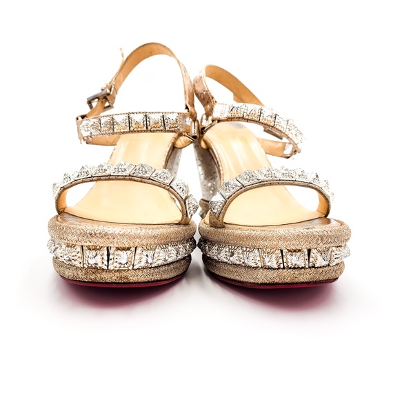 Christian Louboutin Silver Cork Platform Studded Espadrille Sandals Shoes EU 37 - Picture 4 of 10